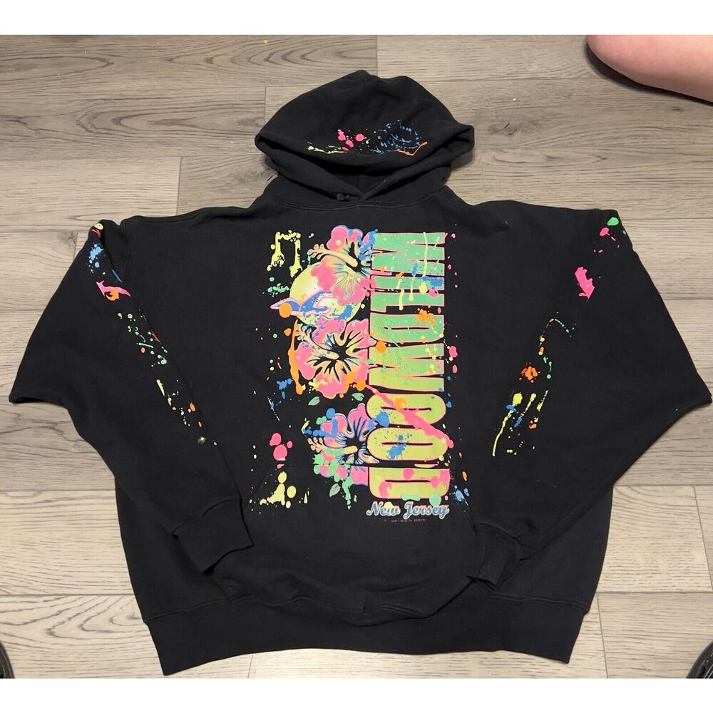Jerzees Black Wildwood NJ Paint Splattered Sweatshirt Hoodie Size XL